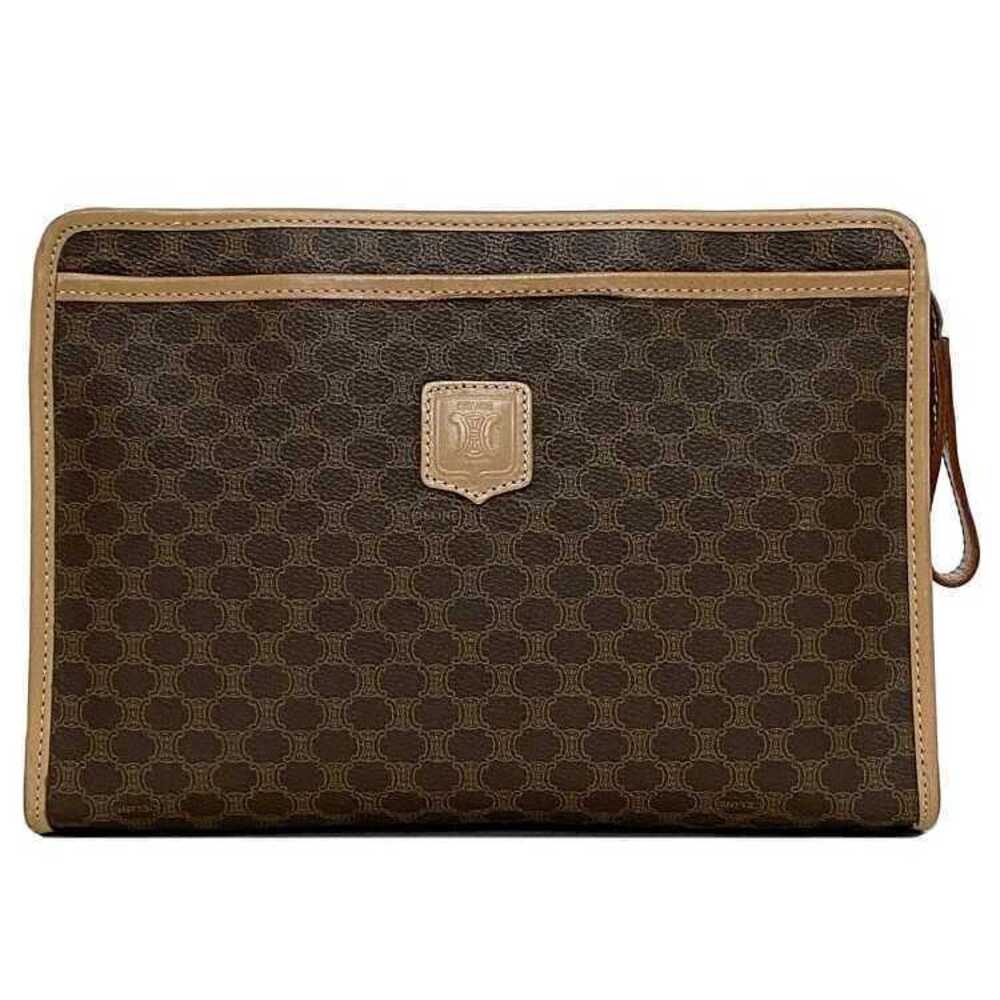Celine Clutch Bag Brown Macadam Shoulder Leather Zipper Logo All over